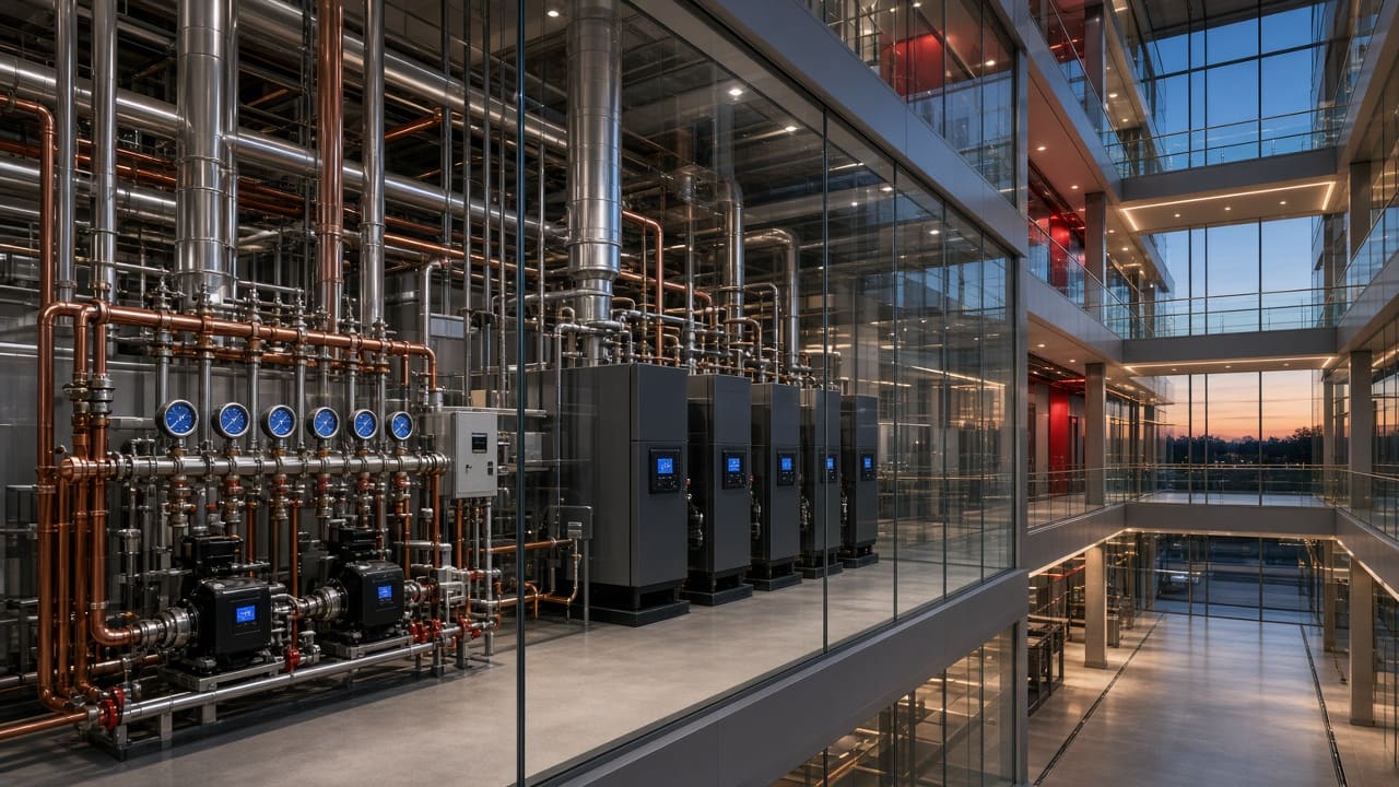 Modern plant room with cascaded boilers, pumps and copper manifolds