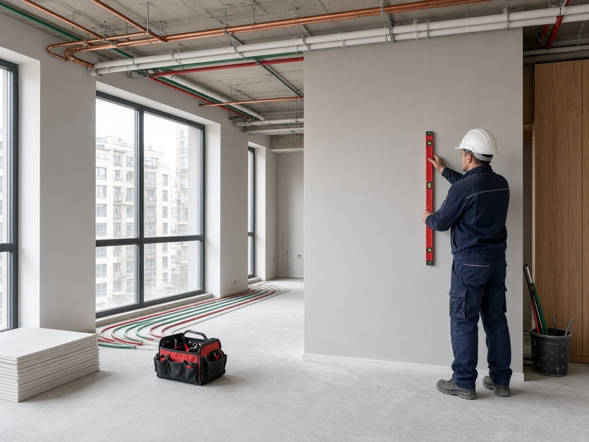 Worker levelling a new wall in an apartment under fit-out, with services installed at ceiling level