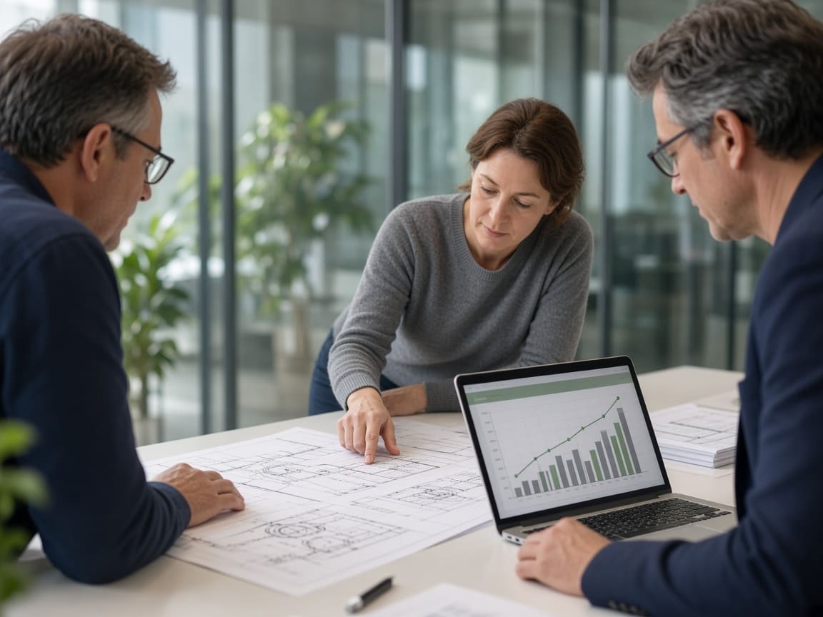 Engineers and a client reviewing building services drawings and a cost chart on a laptop
