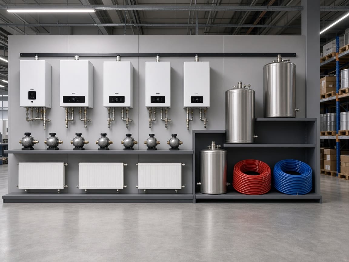 Technical showroom with wall-hung boilers, stainless steel cylinders, pumps, radiators and coils of underfloor heating pipe