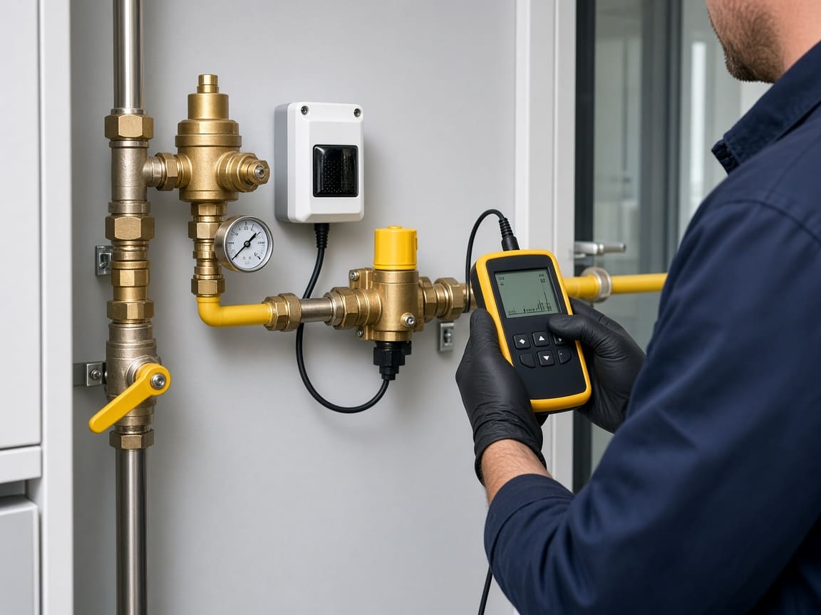 Technician checking a gas installation for leaks with an electronic detector