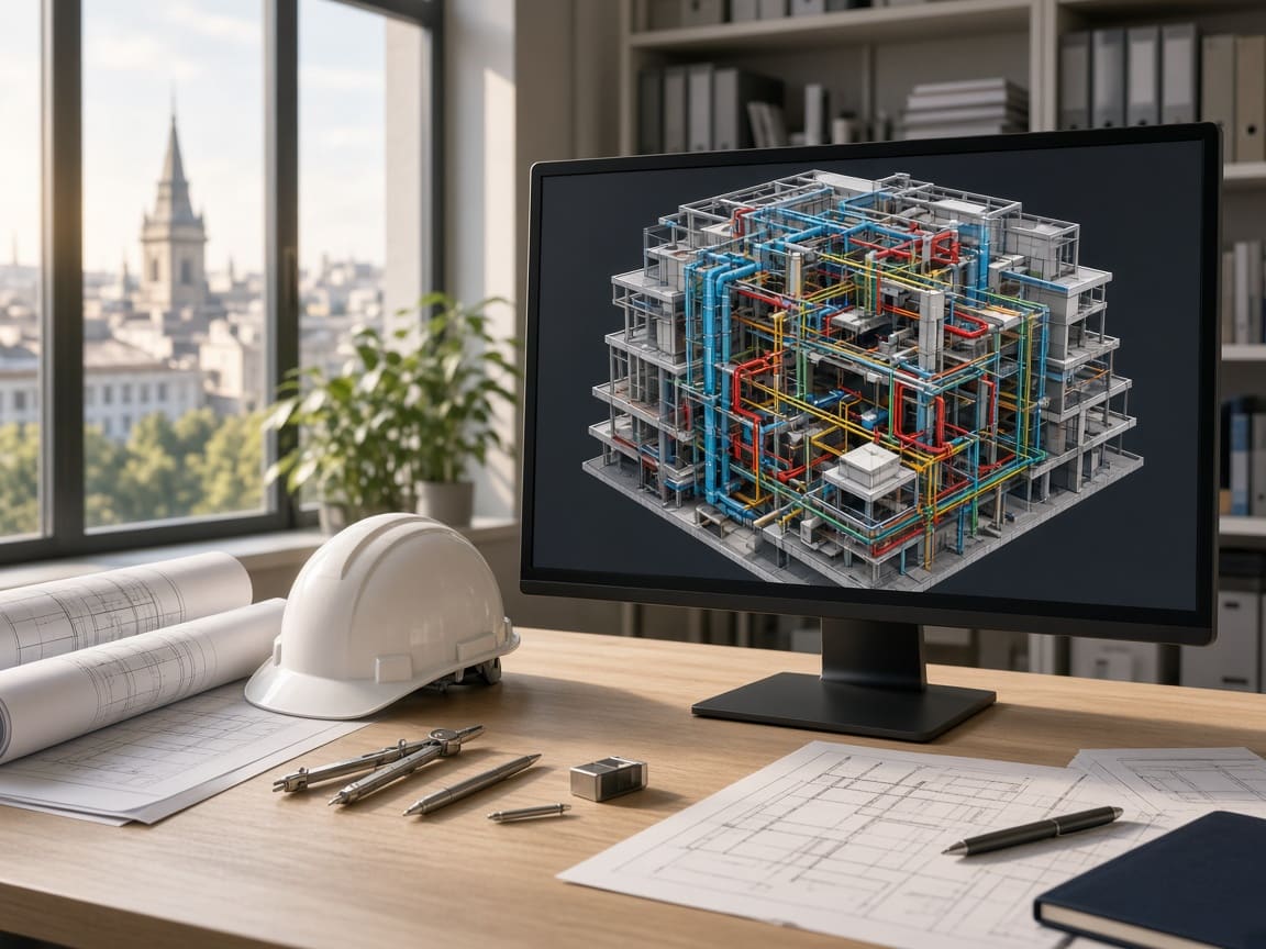 3D model of a building’s services on a design engineer’s screen, next to technical drawings and a hard hat