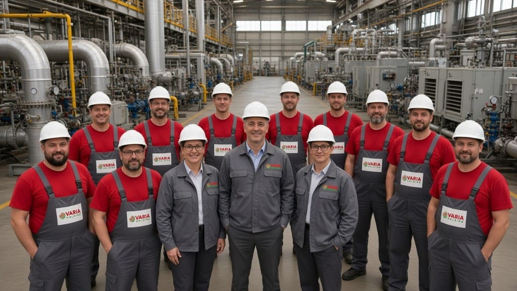 Echipa Varia Holding, în cămăși roșii și salopete gri cu sigla companiei, într-o hală tehnică
